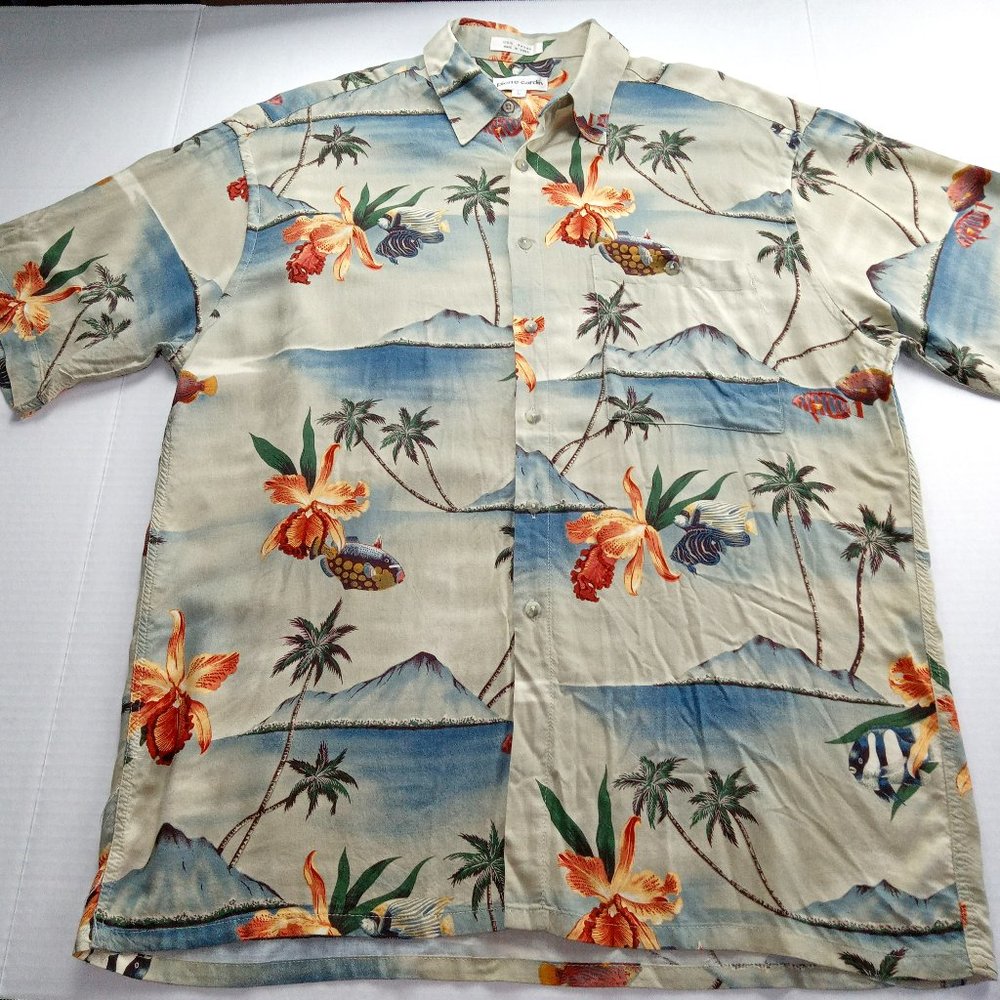 Pierre Cardin Men's Short Sleeve Button Front Shirt Size Large Tan Fish Print